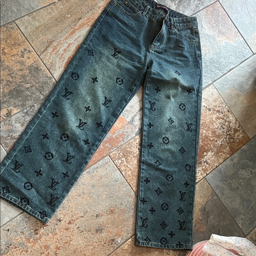 Louis Vuitton Designer Blue Jeans with Black Pattern